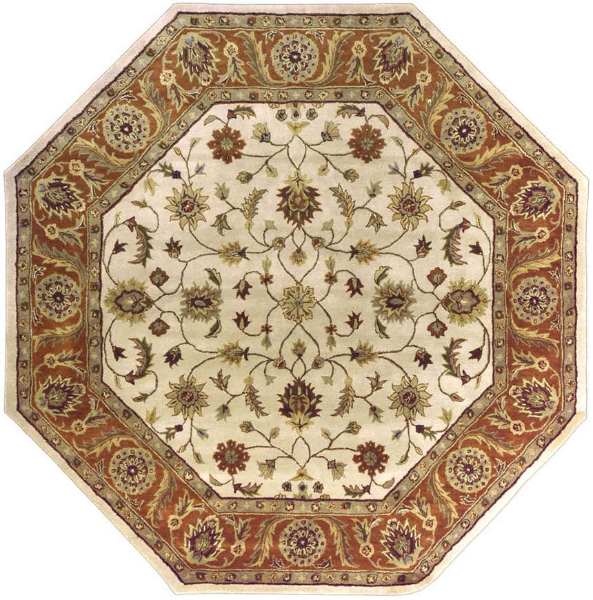 Octagon-shaped Medaryville Area Rug with a beige floral pattern and brick red border. Hand-tufted wool rug. Design-Octagon