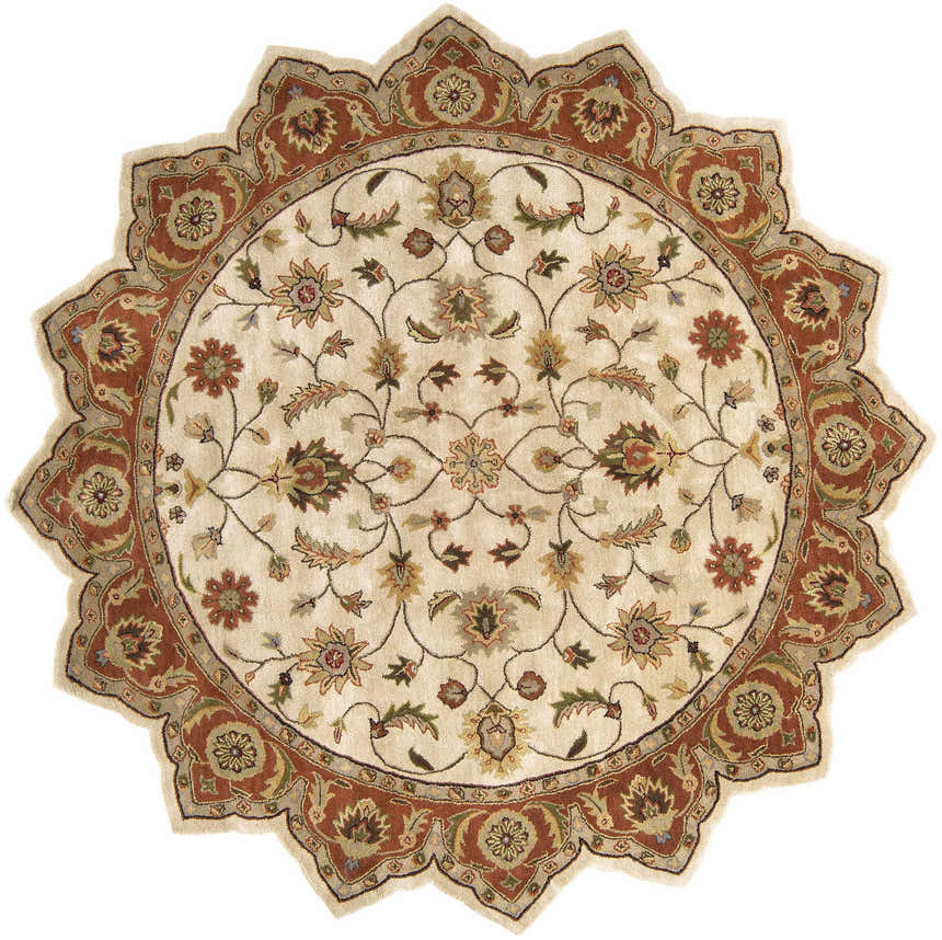 Close-up of the round Medaryville Area Rug. Hand-tufted wool rug with beige, red, and brown floral pattern. Clearance. Design-Star