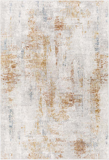 Close-up of the Melton Textured Luxe Area Rug. Contemporary design in blue, brick red, mustard, and gray on off-white. Design-Rectangle-573