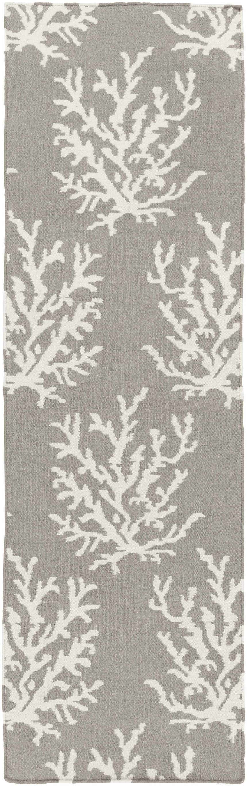 Close-up of the Merchantville Area Rug. Ivory coral pattern on a light gray, hand woven wool rug. Design-Runner-268