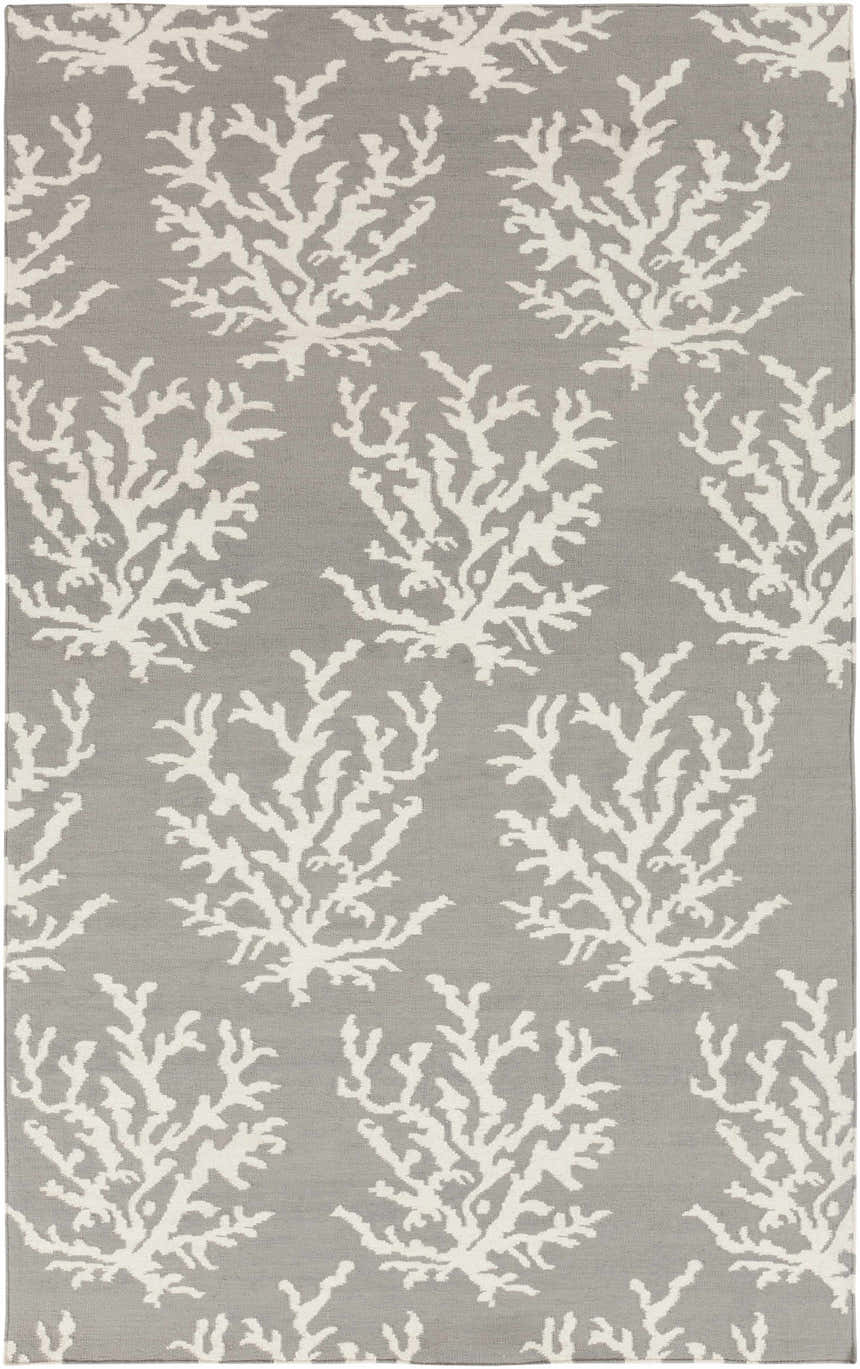 Close up of the Merchantville Area Rug featuring an ivory coral pattern on a light gray wool background. Design-Rectangle-58