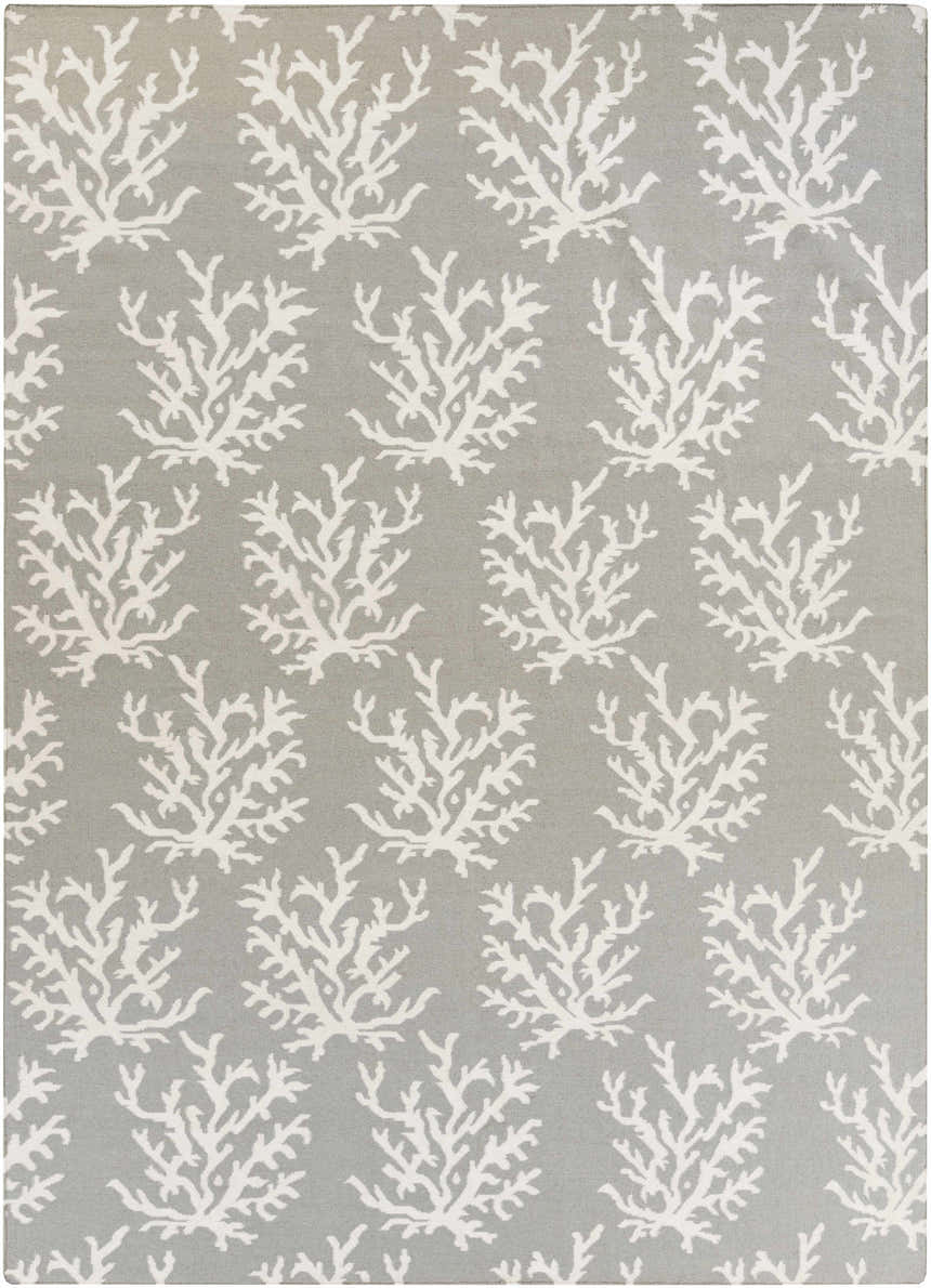 Close-up of Merchantville Area Rug, ivory coral pattern on light gray wool, hand woven texture. Design-Rectangle-811