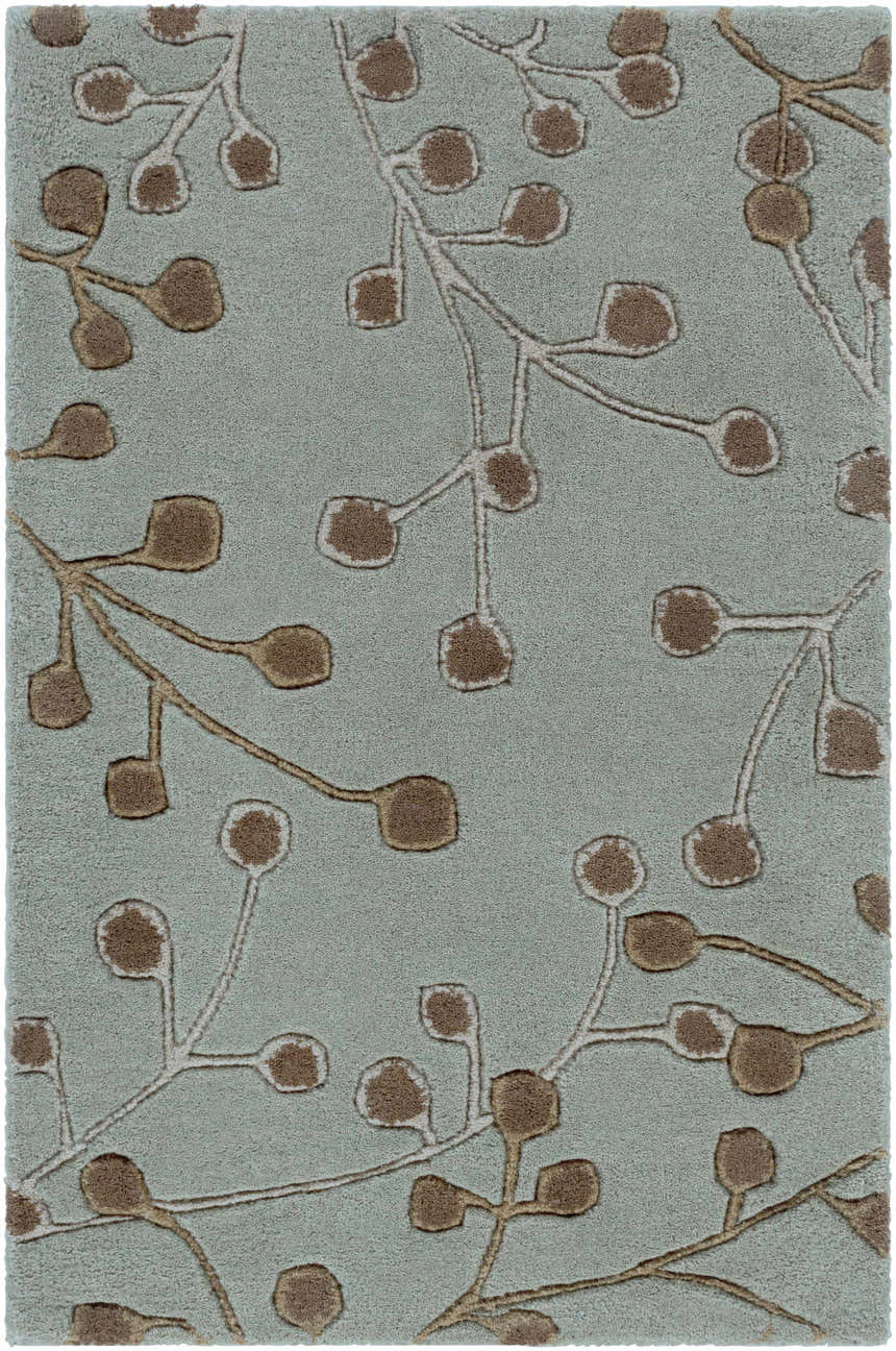 Close-up of the Sage Elsu Area Rug featuring a brown floral branch pattern on a sage green wool texture. Design-Rectangle-23
