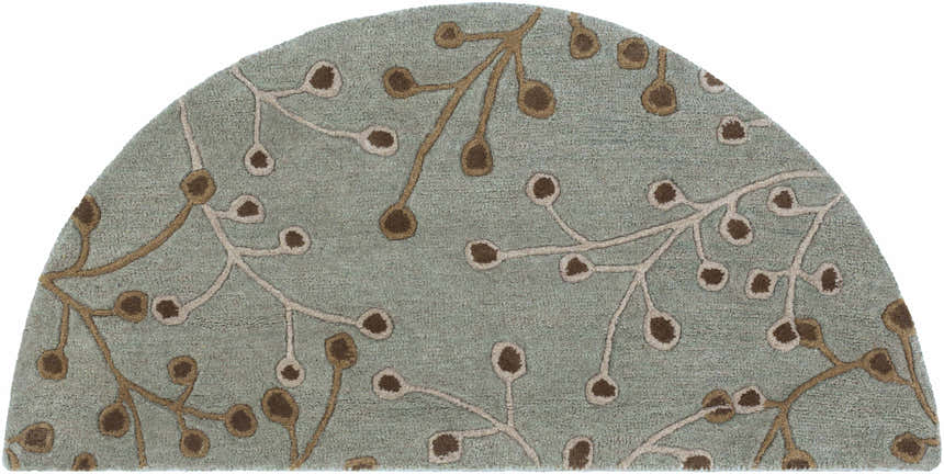Close-up of the hearth-shaped Sage Elsu Area Rug. Sage background with brown and taupe floral branch pattern. Design-Hearth