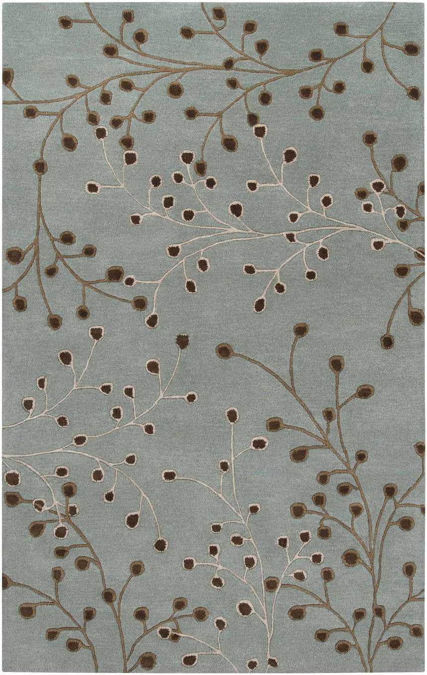 Close-up of the Sage Elsu Area Rug featuring a brown floral branch pattern on a sage green background. Hand-tufted wool texture. Design-Rectangle-58