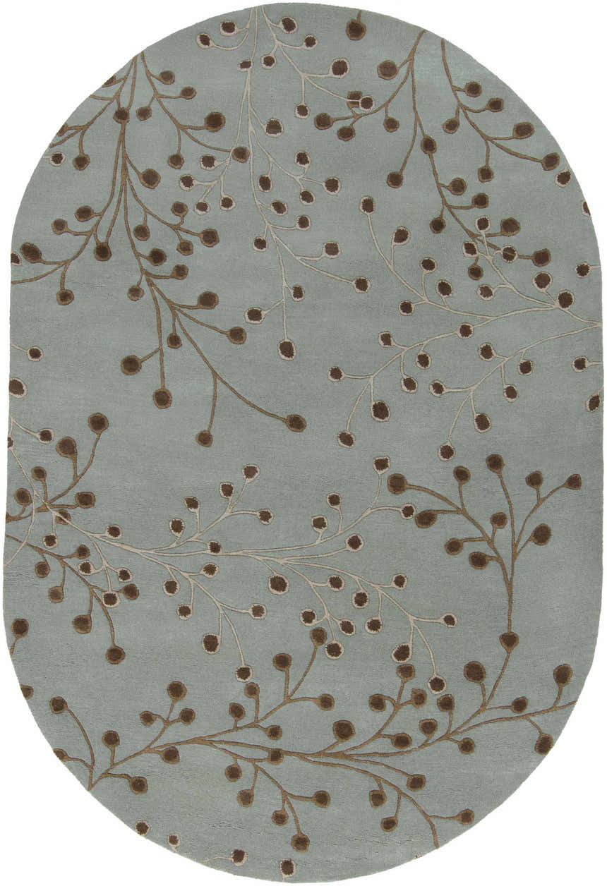 Close-up of the oval Sage Elsu Area Rug. Sage wool rug with a brown floral branch pattern. Hand-tufted. Design-Oval-69