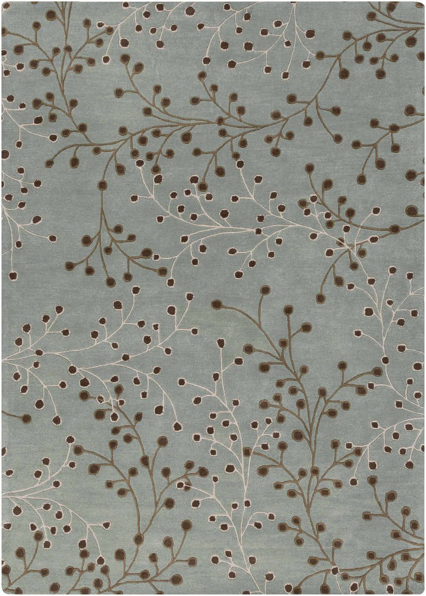 Close-up of the Sage Elsu Area Rug, featuring a sage background with brown and taupe floral branch pattern. Design-Rectangle-811