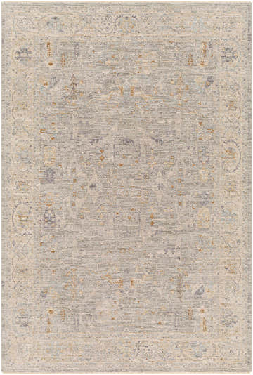 Close-up of the Merv Beige Neutral rug. Luxe traditional design in beige, brown, gray, teal and sage. Machine woven texture. Design-Rectangle-575