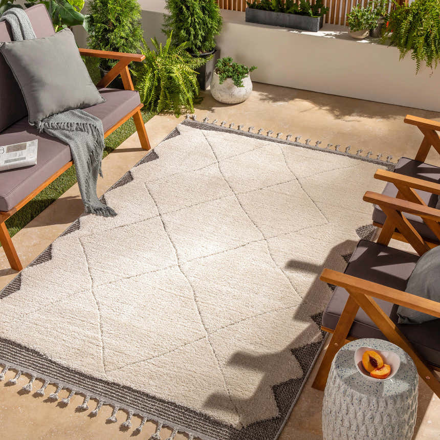 Outdoor patio scene with Metzger Area Rug in light beige and charcoal, wooden chairs, and potted plants. Roomscene-Rectangle
