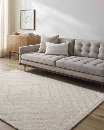 Modern living room with a gray sofa and the ivory Meryn Modern Wool Rug on hardwood floors. Roomscene-Rectangle
