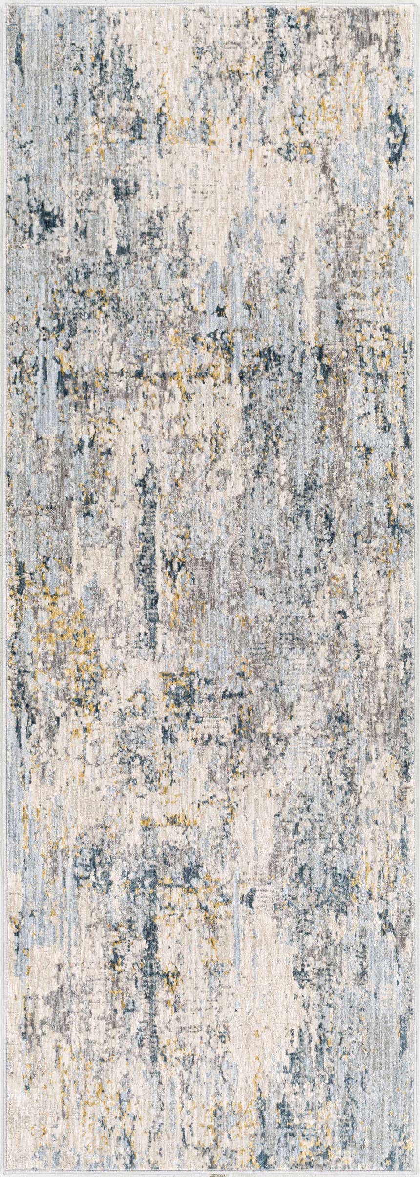 Close-up of the Midfield Luxe Rug, showcasing its contemporary charcoal, cream, blue, and gray abstract design. Design-Runner-2773