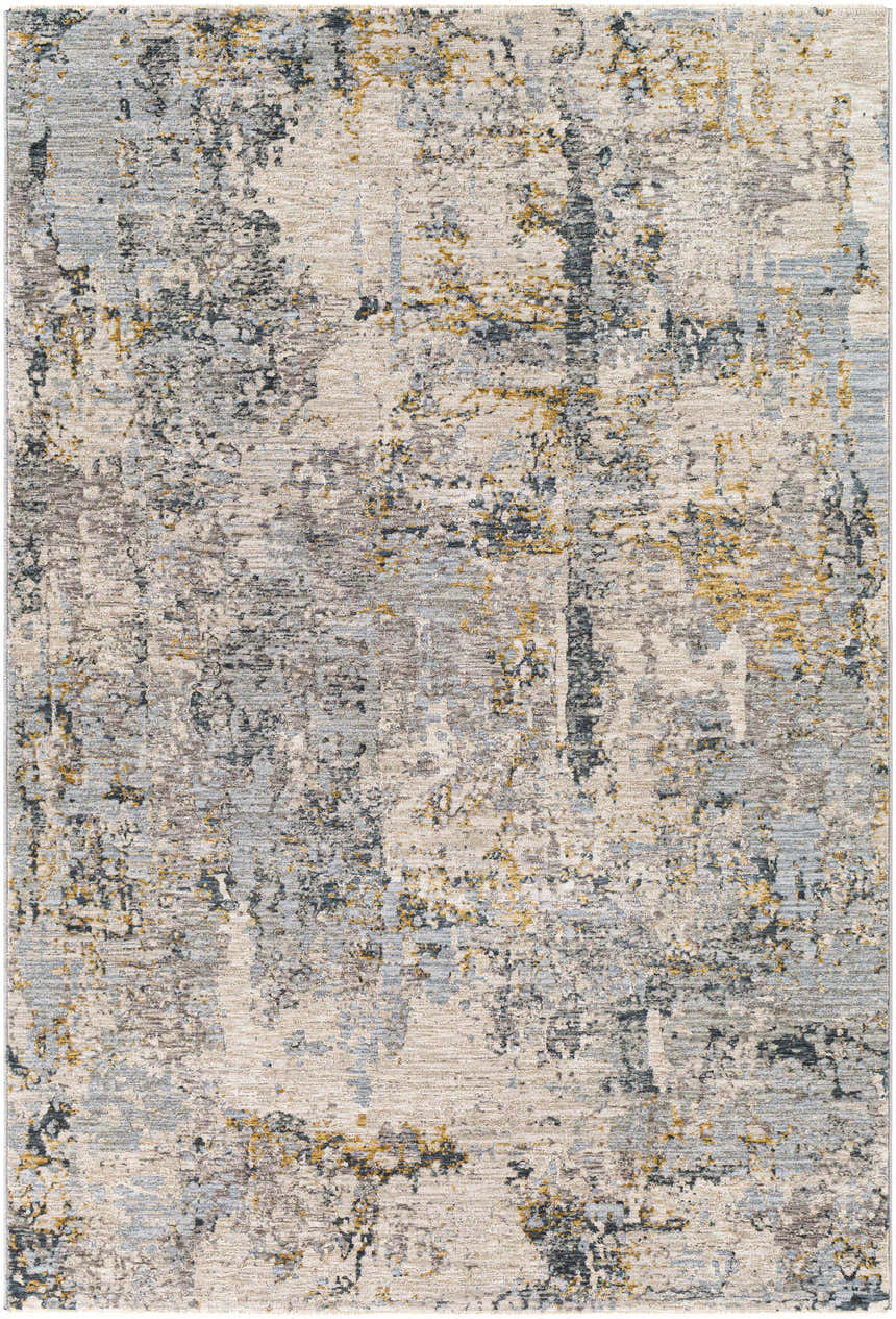 Close-up of the Midfield Luxe Rug featuring a contemporary charcoal, cream, and gray abstract design. Design-Rectangle-575