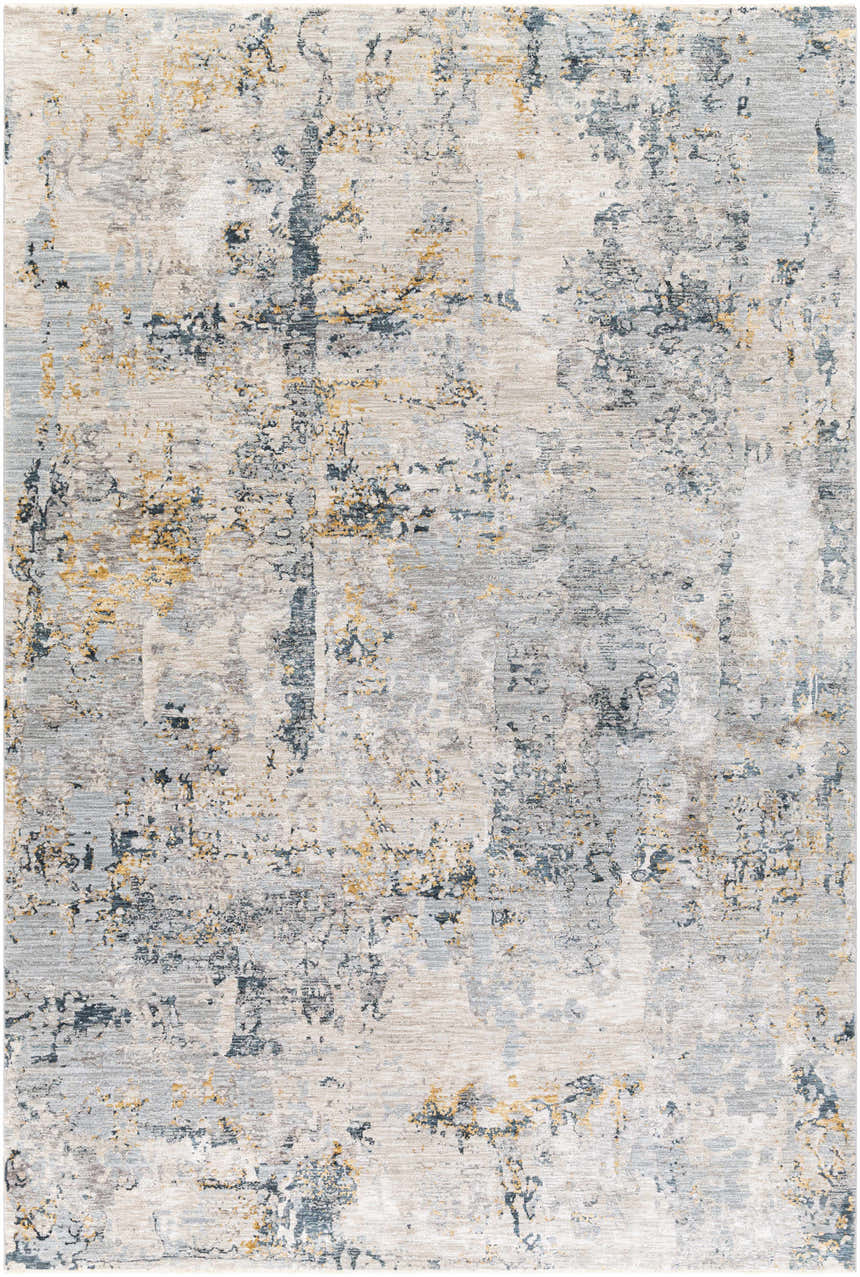 Close-up of the Midfield Luxe Rug, a contemporary design in charcoal, cream, blue, and gray polyester with an abstract pattern. Design-Rectangle-6796