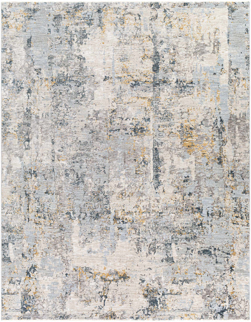Close-up of the Midfield Luxe Rug. Contemporary design with charcoal, cream, blue, and gray abstract patterns. Design-Rectangle-710103