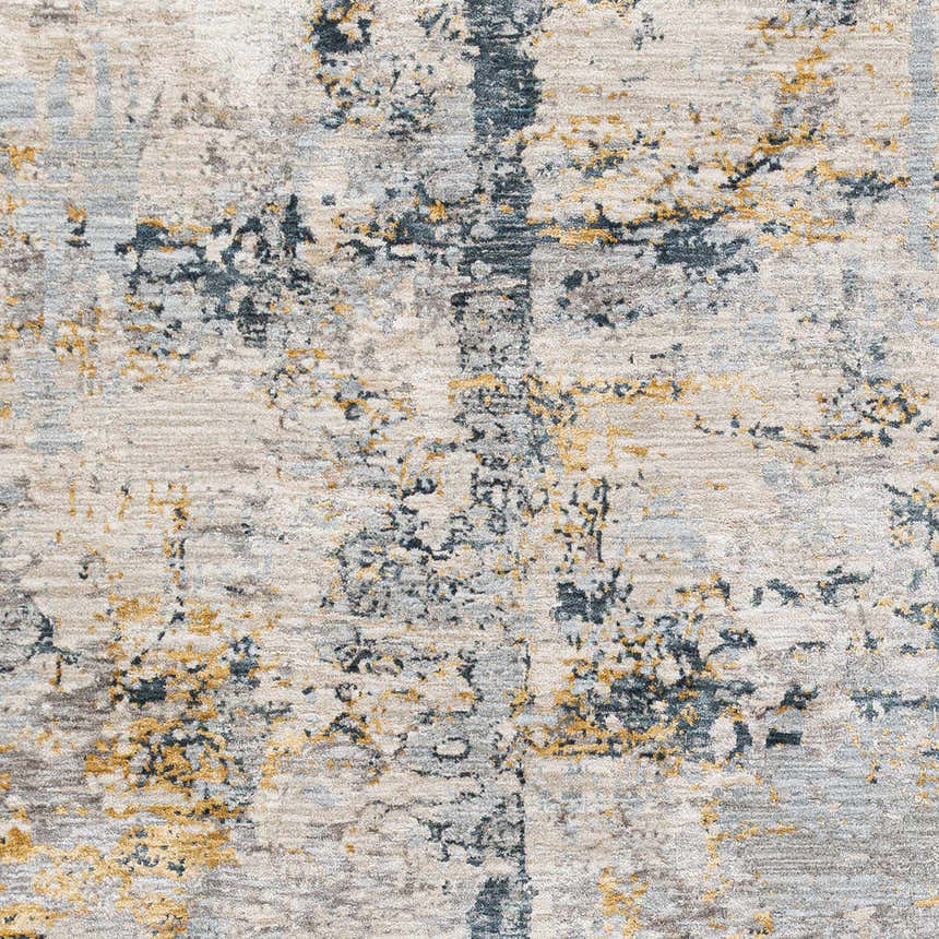 Close-up of the Midfield Luxe Rug. Contemporary design with charcoal, cream, and blue abstract patterns. Soft polyester texture. Swatch