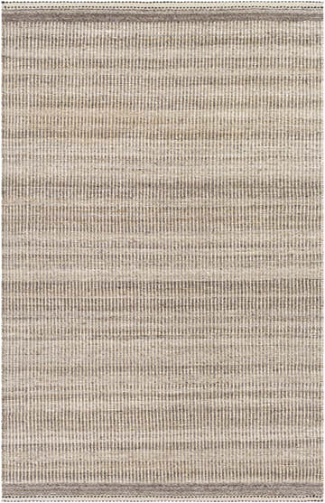 Close-up of the hand woven Minare Area Rug. Jute and wool rug in light beige, medium gray, and charcoal stripes. Design-Rectangle-576