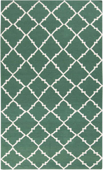 Close-up of Minehead Area Rug: dark green 100% wool with a light gray geometric trellis pattern. Hand woven rug. Design-Rectangle-58