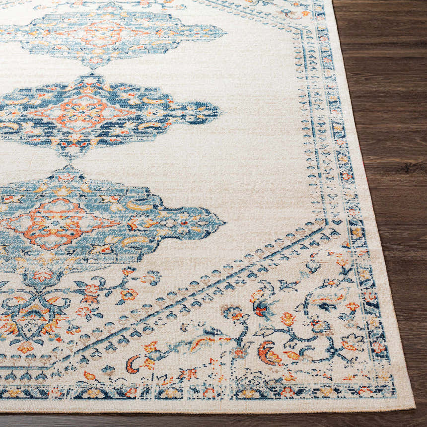 Close-up of the Mistissini Area Rug, showcasing its cream, blue, and orange traditional-style pattern and soft texture. Front