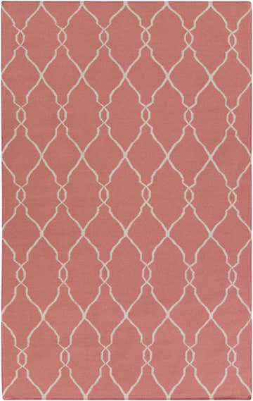 Close-up of the Melcher Area Rug. Hand-woven wool rug in rose with an oatmeal geometric trellis pattern. Design-Rectangle-58