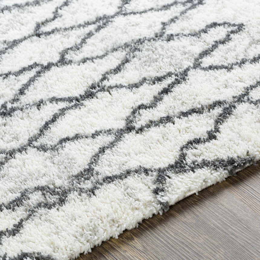 Close-up of the Moulden Area Rug showing its shag texture and charcoal geometric pattern on a cream base. Texture