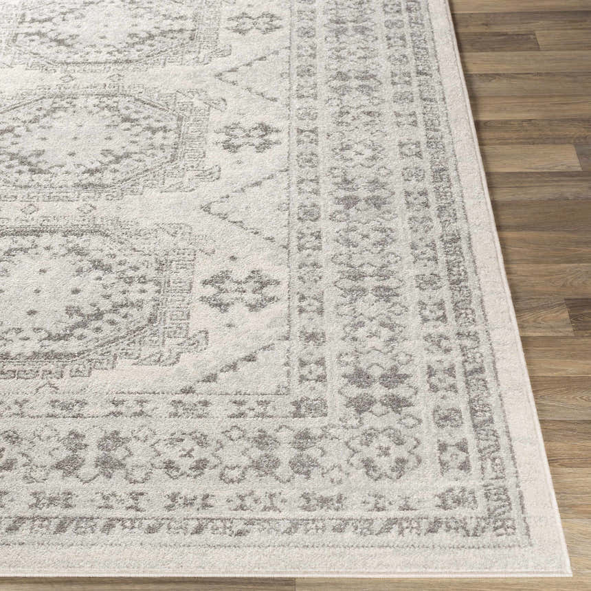 Close-up of the Moundsville Area Rug. Charcoal and gray bohemian pattern on a light beige polypropylene rug. Front