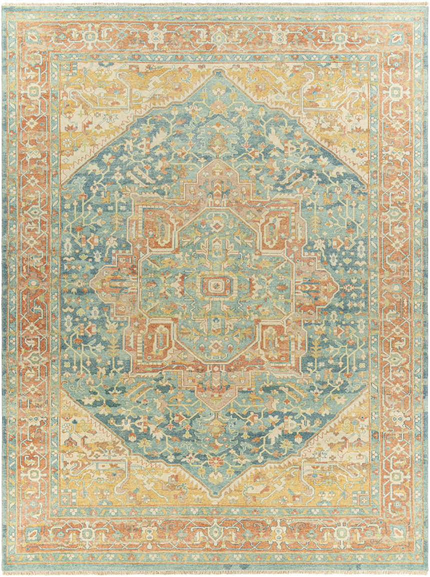 Detailed view of the hand-knotted Managa Premium Rug in camel, beige, saffron, and sage. Traditional Persian style. Design-Rectangle-912