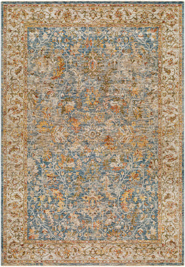 Close-up of the Asabi Blue Textured Rug, showcasing its traditional floral pattern and rich colors like navy, mustard, and brick red. Design-Rectangle-6796
