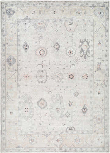 Beige Umeko Area Rug with traditional gray, dusty coral, and pink floral medallion pattern. Design-Rectangle