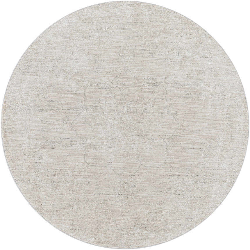 Close-up of round Monto Luxe Rug in cream, gray, and taupe. Bohemian style rug with subtle oriental pattern and soft texture. Design-Round-53