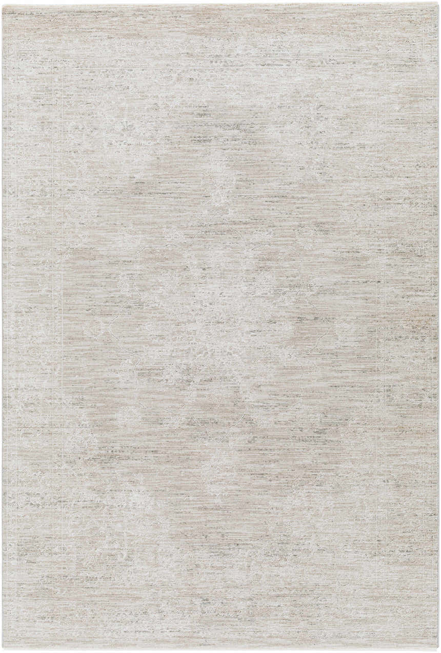 Close-up of the Monto Luxe Rug, a machine-woven rug in cream, taupe, and gray with a subtle, traditional pattern. Design-Rectangle-575