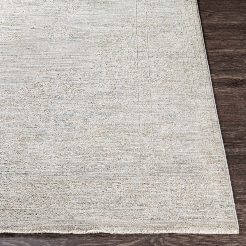 Close-up of the Monto Luxe Rug showing a cream, gray, and taupe traditional pattern and soft, textured weave. Front