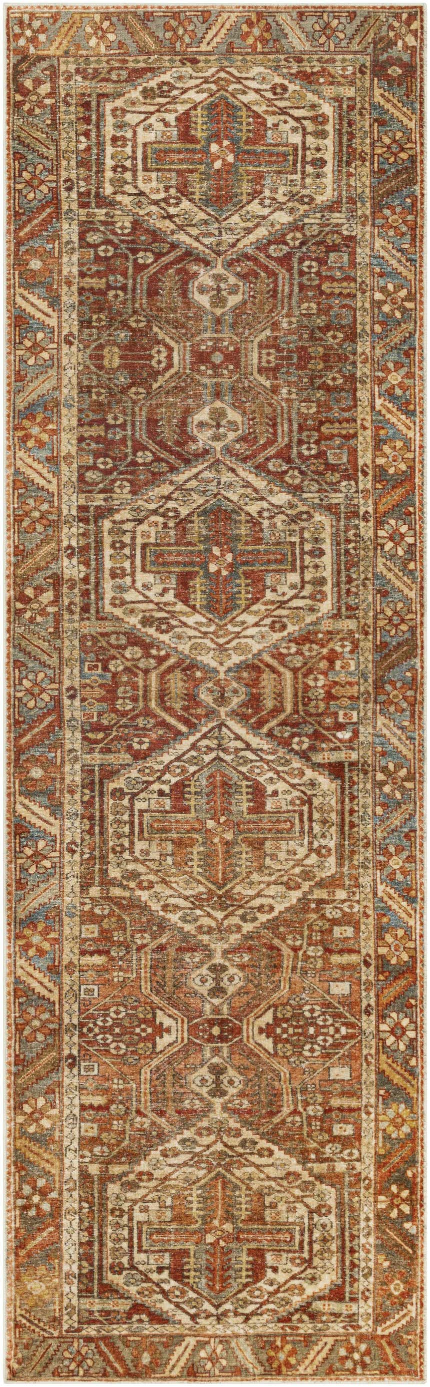 Close-up of the Mantalongon Washable Area Rug. Features a traditional, geometric pattern in brick red, brown, and dusty coral tones. Design-Runner-268