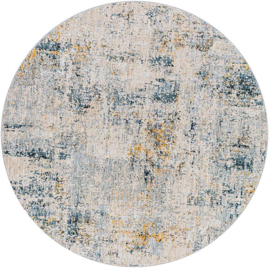 Round Montreat Luxe rug with a contemporary abstract design in cream, gray, teal, and mustard. Design-Round-53
