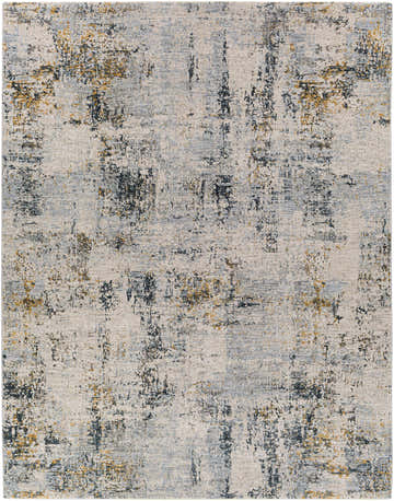 Close-up of the Montreat Luxe Rug featuring a contemporary abstract design in cream, gray, and mustard tones. Design-Rectangle-710103