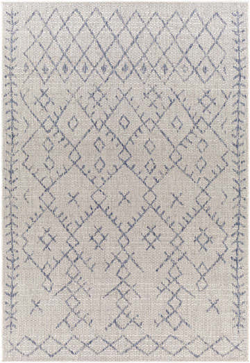 Detailed close-up of the Maunawili Blue Detailed Gray Rug. Bohemian style rug with blue geometric diamond pattern on oatmeal background. Design-Rectangle-5377