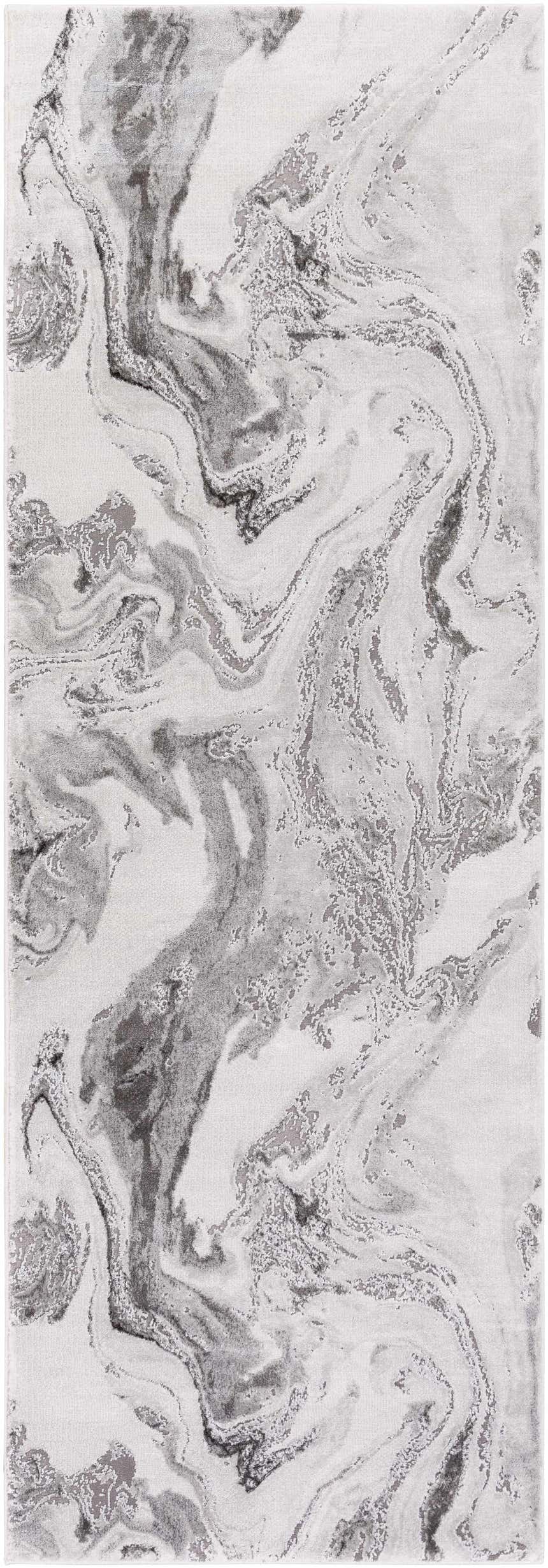 Close-up of the Moana Charcoal Marble Rug. Features a contemporary gray, charcoal, and white abstract marbled pattern. Design-Runner-2777