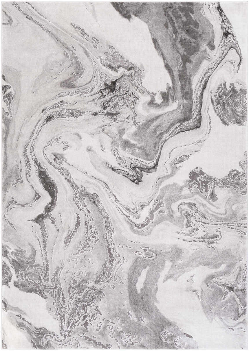 Close-up of a Moana Charcoal Marble Rug. Abstract design with charcoal, gray, and white swirls. Contemporary style. Design-Rectangle-5376