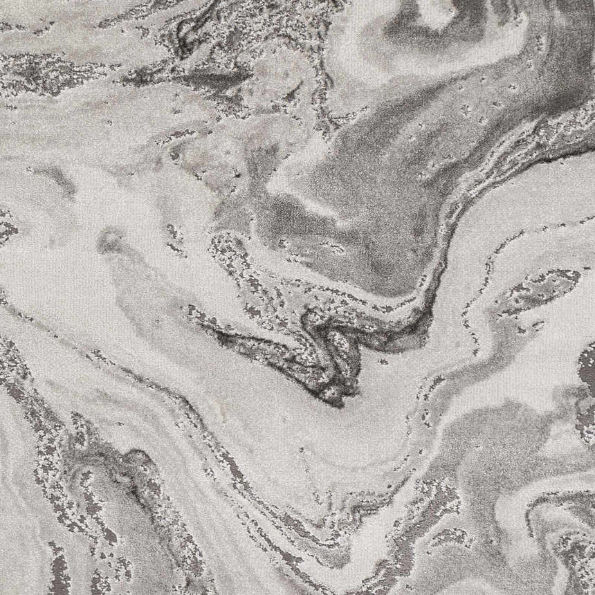 Close-up of the Moana Charcoal Marble Rug. Abstract design with charcoal, gray, and white tones. Swatch