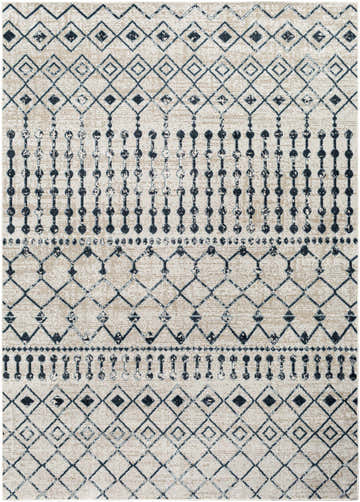Close-up of the Modderfontein Washable Area Rug - Clearance. Beige rug with blue geometric diamond and dotted line pattern. Design-Rectangle-537