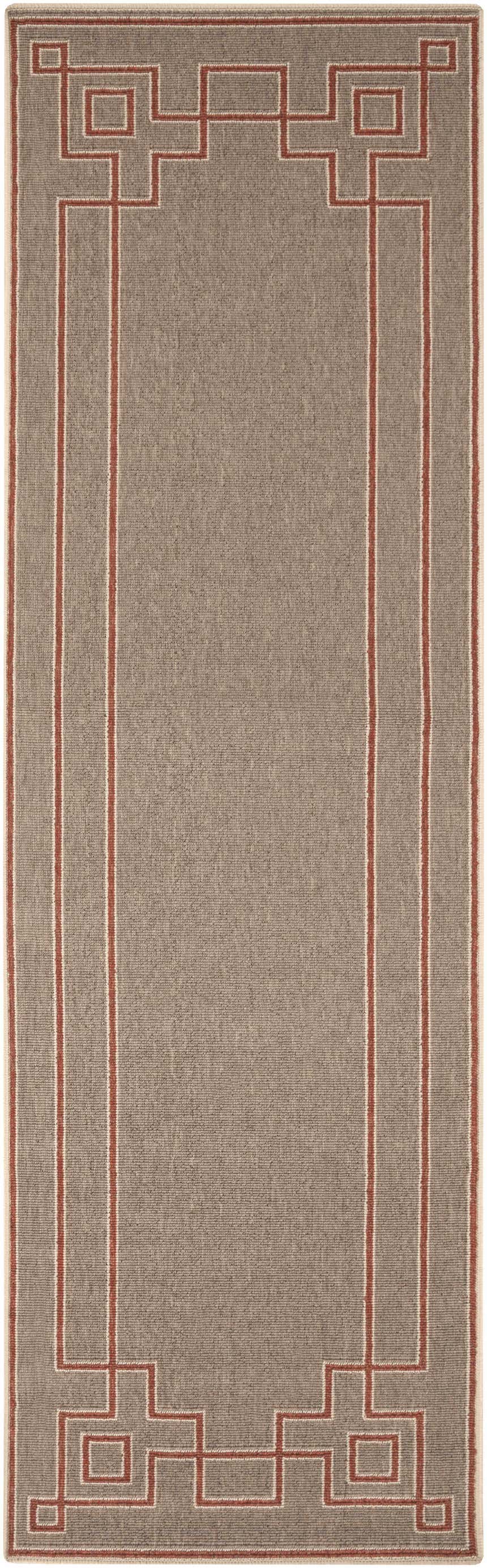 Close-up of Moffett Area Rug. Light brown olefin rug with brick red geometric border and stripes. Design-Runner-2379
