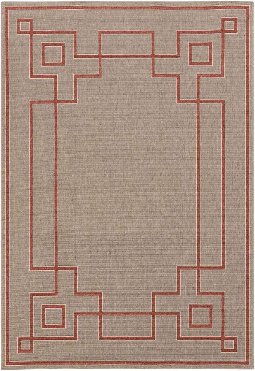 Close-up of the Moffett Area Rug. Brick red geometric pattern on a light brown, machine woven olefin rug. Design-Rectangle-5376