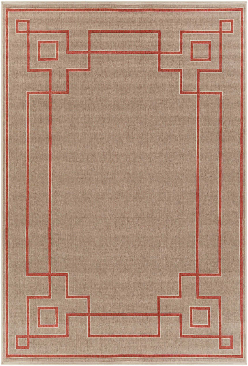 Close-up of the Moffett Area Rug. Brick red geometric border on light beige olefin rug. Contemporary farmhouse style. Design-Rectangle-76109
