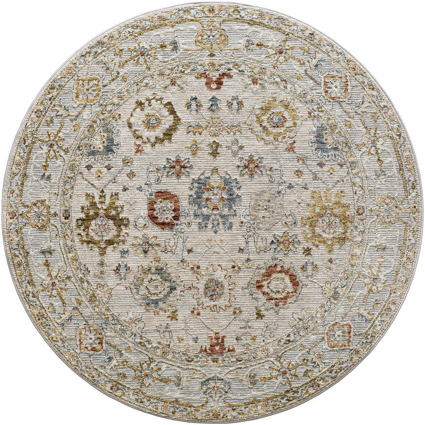 Round Mogul Luxe Oushak Rug with a traditional floral pattern in cream, brick red, denim, and mustard colors. Design-Round-53