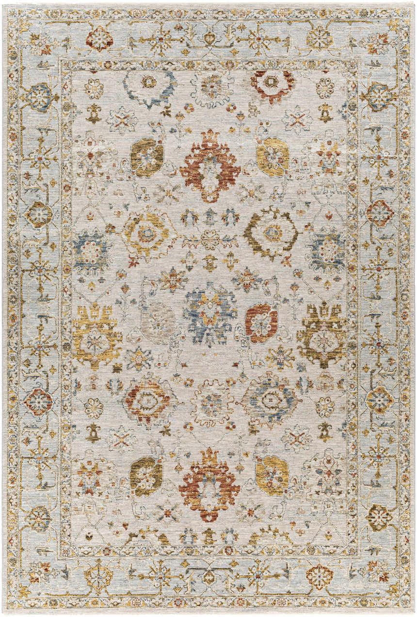 Detailed Mogul Luxe Oushak rug with brick red, cream, denim, and mustard floral and oriental pattern. Design-Rectangle-6796