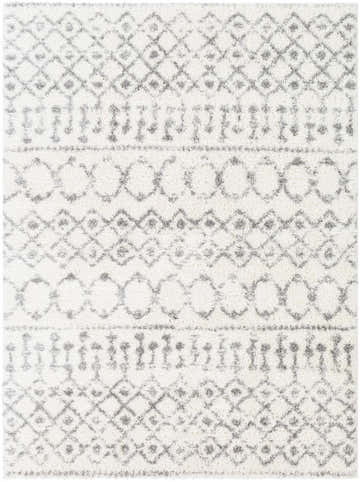 Close-up of the Monarch Area Rug; a cream shag rug with a gray geometric pattern. Design-Rectangle-5373