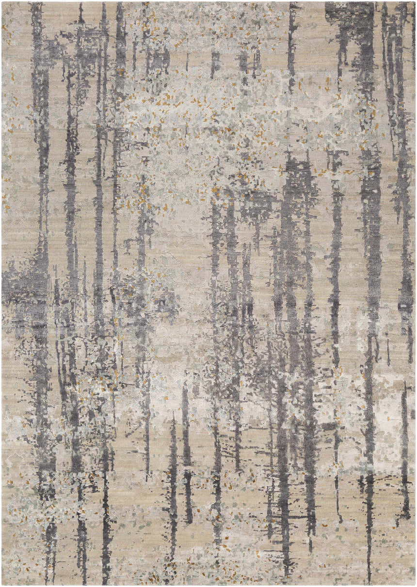 Close-up of the Moncure Area Rug. Contemporary design in black, light beige, gray, sage, and mustard. Hand-knotted viscose rug. Design-Rectangle-69