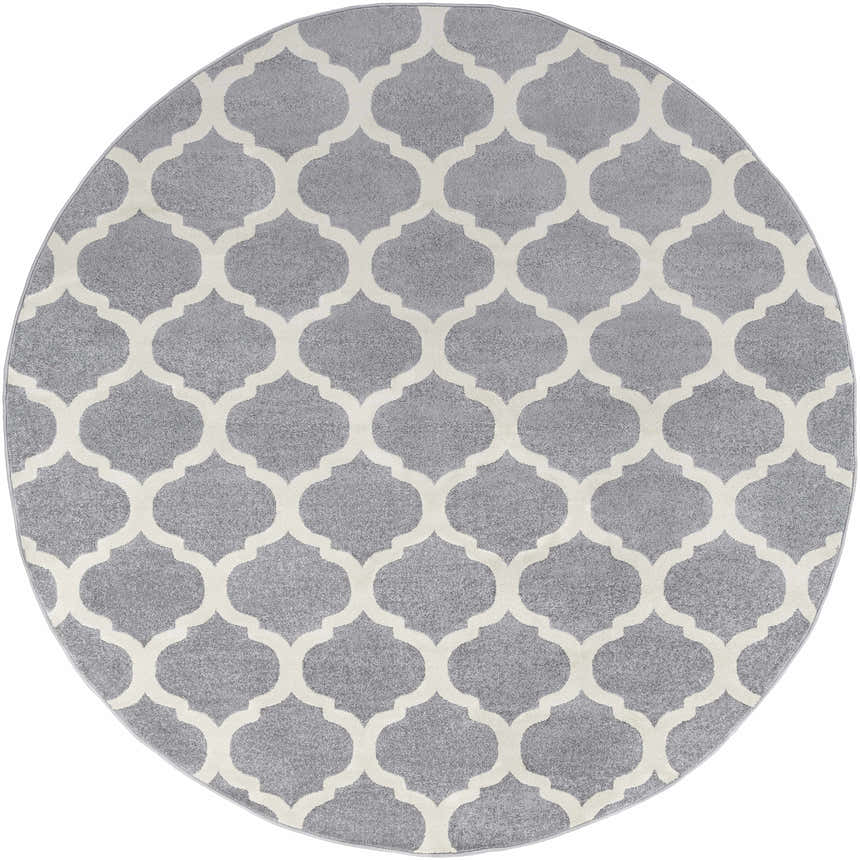 Close-up of round Mongo Carpet. Slate gray rug with a cream quatrefoil pattern. Contemporary style. Design-Round-710
