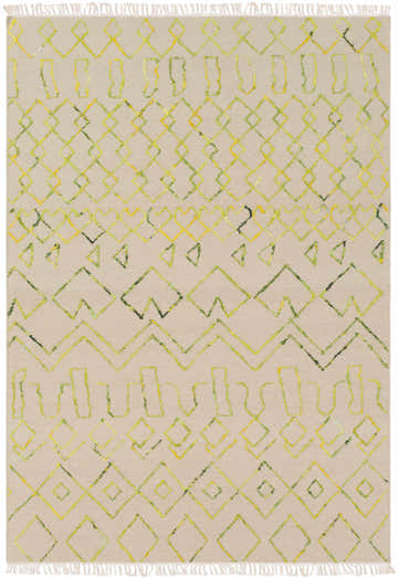 Monitor Area Carpet close-up: Hand-woven wool rug with geometric diamond, triangle, and zig-zag patterns in green, saffron, and light beige. Design-Rectangle-576