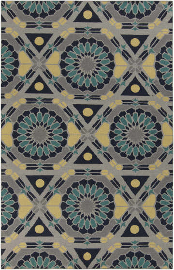 Close-up of the Montesano Area Carpet. Hand-knotted wool rug in gray, medium green, navy, and tan with geometric pattern. Design-Rectangle-58