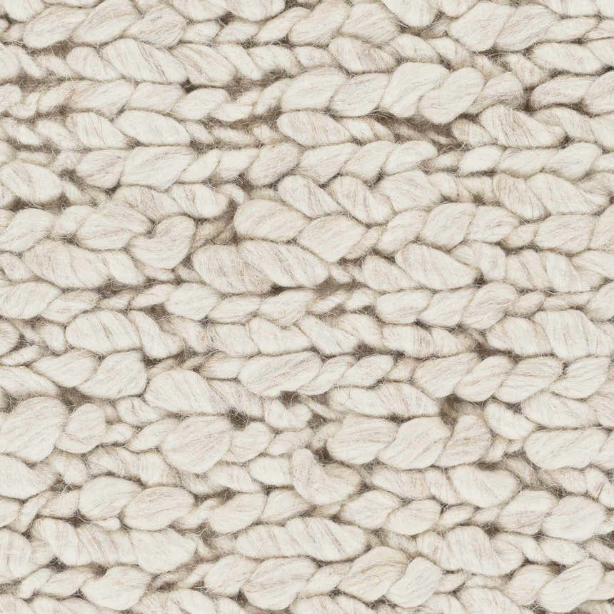 Close-up of the hand woven Monticello Carpet showing its light beige and dark brown wool texture. Swatch